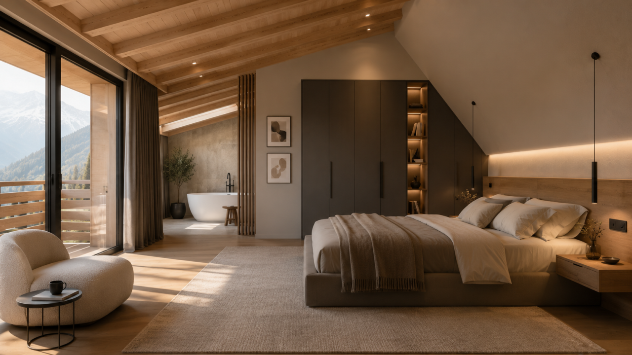 Séjour de chalet contemporain avec structure bois visible, pierre locale et lumière feutrée à Verbier