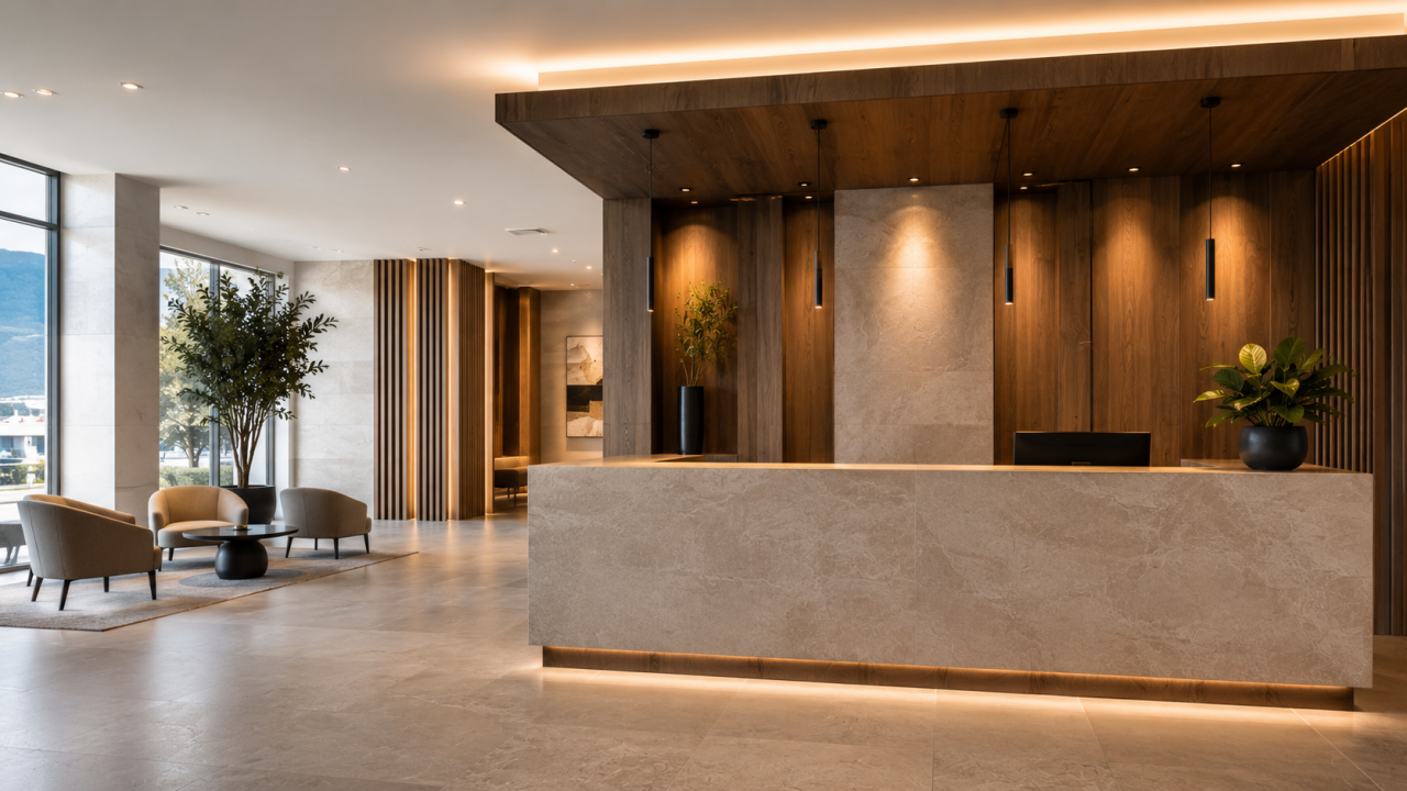 Hall de réception élégant en pierre claire, bois nervuré et laiton mat dans un espace professionnel à Montreux