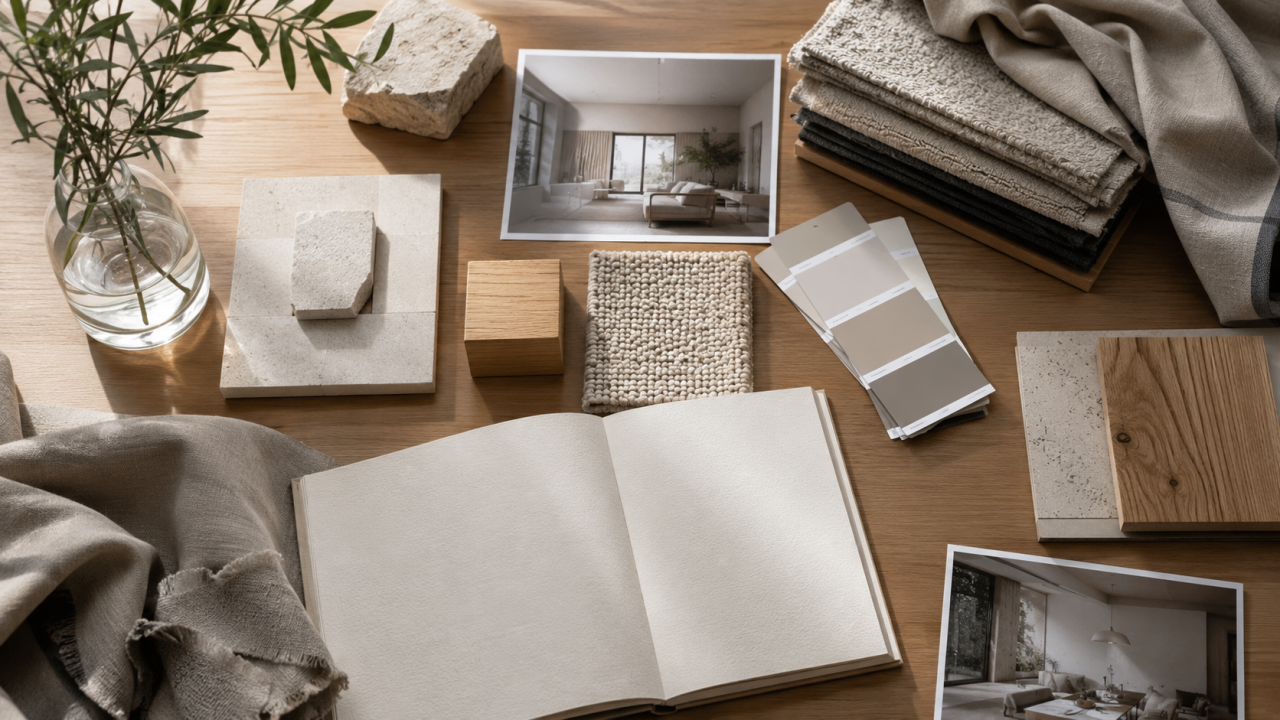 Carnet, échantillons et photos d’inspiration sur une table illustrant premier rendez-vous architecte intérieur à Leytron