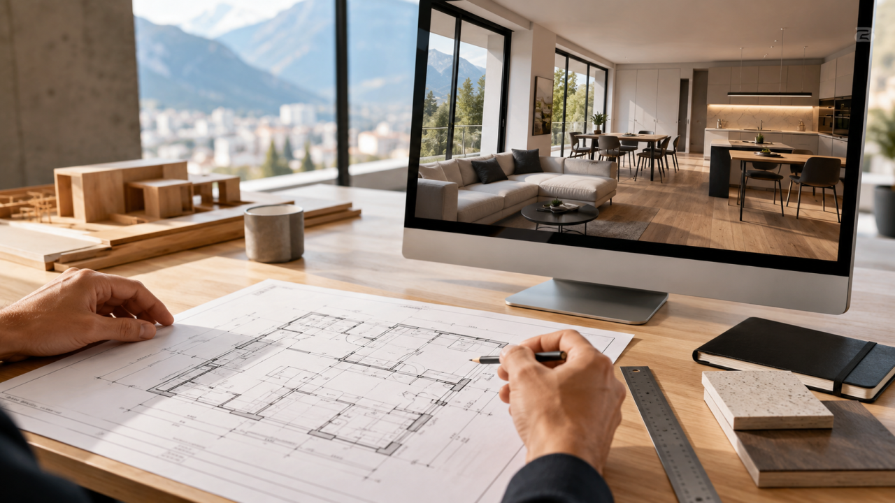 Écran affichant une vue 3d à côté d’un plan papier sans texte lisible illustrant plans 2D vues 3D à Martigny
