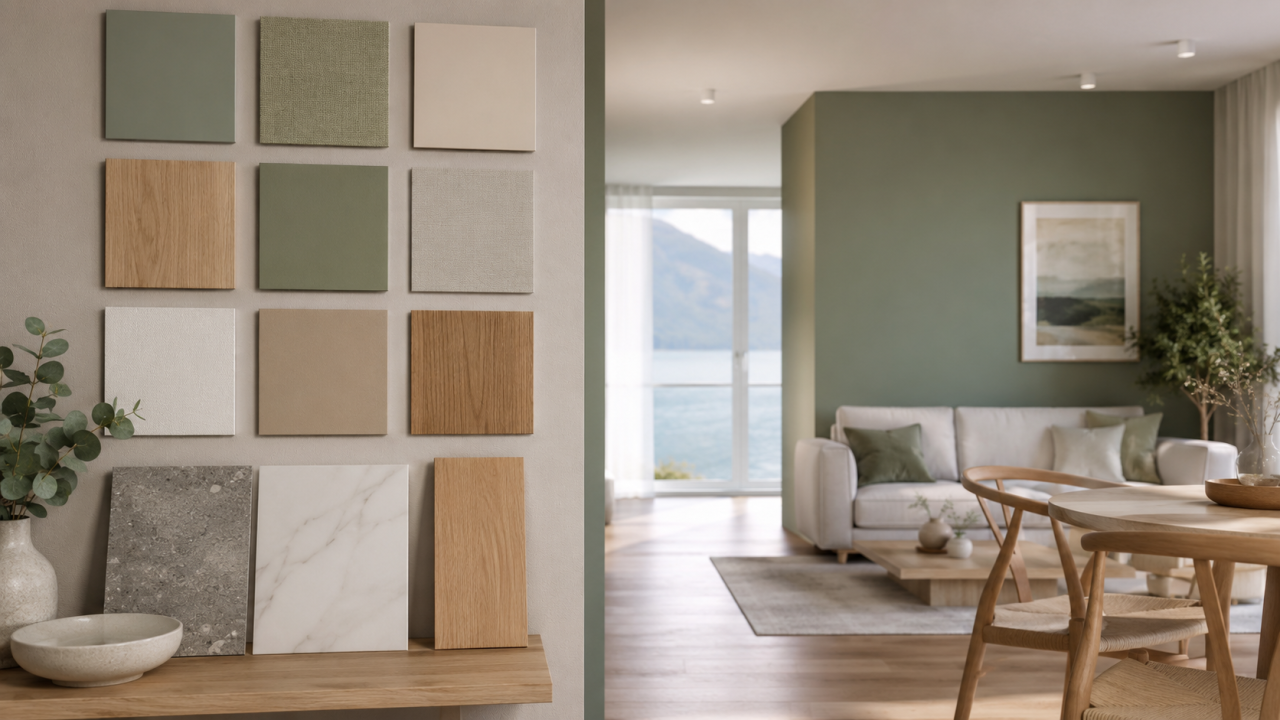 Mur d’échantillons et coin intérieur coloré avec sobriété illustrant palette couleurs intérieur à Vevey